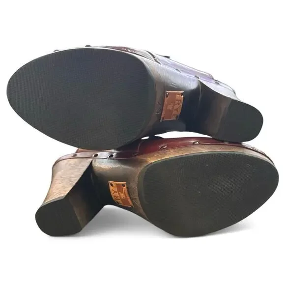 Frye Ella Clogs Stud Burgundy Leather Shearling Wood High Heels Womens 7 - Picture 6 of 8